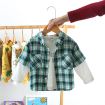 Baby plaid shirt spring and autumn childrens two-piece separable shirt pure cotton childrens personality top foreign style baby