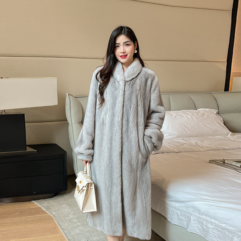 Meteor Variations Imported Purple Label Whole Mink Fur Coat Stand Collar Over-The-Knee Long Slimming Small Mink Fur Coat for Women