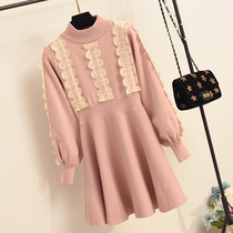 2021 autumn and winter new semi-high neck lace knitted dress Korean waist long base sweater skirt