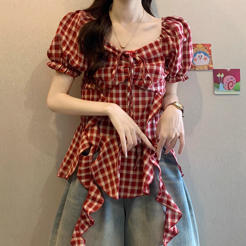 French Square-Neck Red Plaid Short-Sleeved Shirt for Women in Summer, Large Size, Puff Sleeves, Waist-Cinching, Irregular Ribbons, Stunning Top