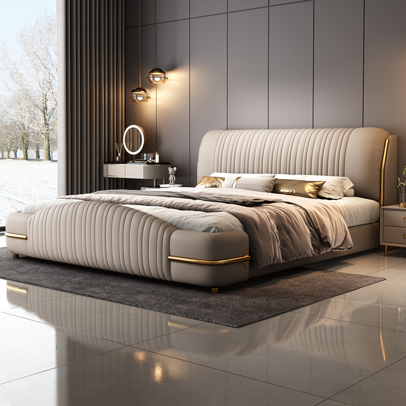 High-End Light Luxury Leather Bed, Modern Minimalist Master Bedroom Double Wedding Bed, High-End and Elegant Soft-Covered Villa Shell Bed High-End Light Luxury Leather Bed, Modern Minimalist Master Bedroom Double Wedding Bed, High-End and Elegant Soft-Covered Villa Shell Bed