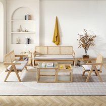 Wabi-sabi wind rattan solid wood sofa log retro ins straight row single double three person sofa combination living room small apartment