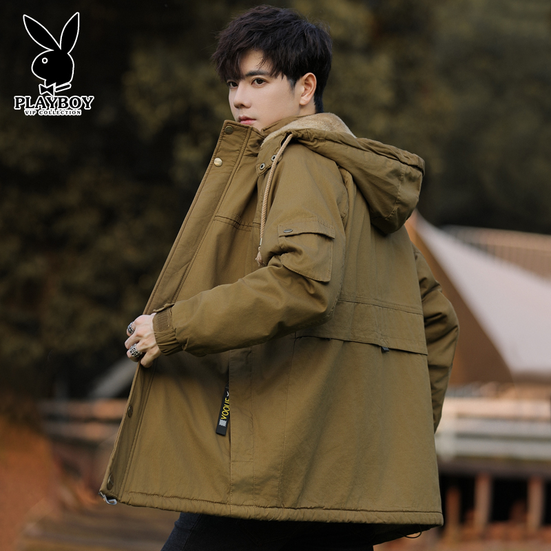 Playboy Pure Cotton Workwear Cotton Jacket for Men, Mid-Length Parka with Thick Fleece Lining, Men's down Cotton Coat