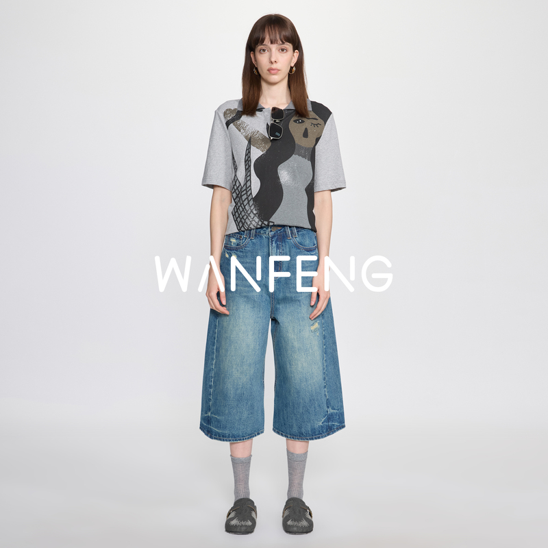 Late-Night Sewing W51 Ripped Design Side Seam Front-Shifted A-Line Cropped Pants Non-Stretch Structured Stylish Spring/Summer Jeans