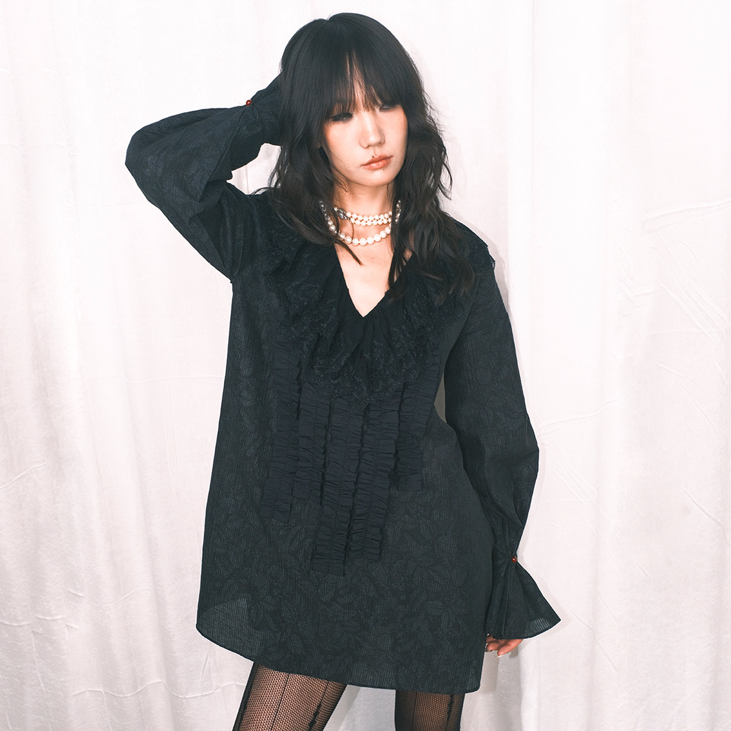 Avocado Three Original Black Retro Lace Style Shirt Women's Clothing 2026 Autumn/Winter Loose Long Thin Top Shirt Dress