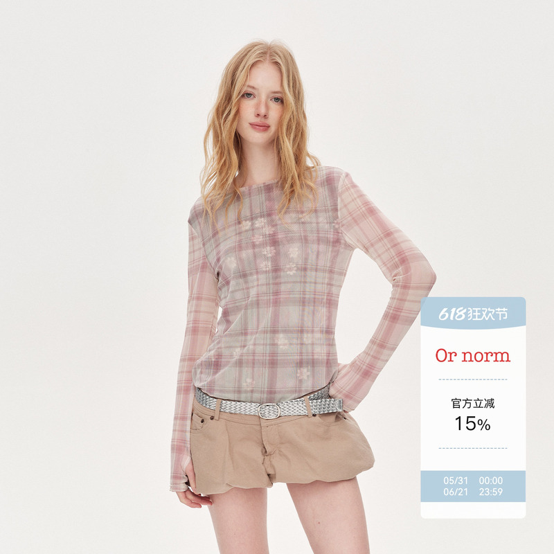 Or Norm "Pink Mist Forest" Plaid Floral Sheer Double-Layer Mesh Long-Sleeve Top, Slimming and Suitable for Layering Or Norm "Pink Mist Forest" Plaid Floral Sheer Double-Layer Mesh Long-Sleeve Top, Slimming and Suitable for Layering