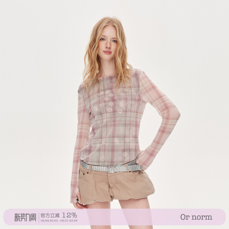Or Norm "Pink Mist Forest" Plaid Floral Sheer Double-Layer Mesh Long-Sleeve Top Slimming Layering Blouse