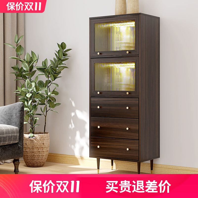 Nordic three-drawer cabinet with lamp glass door side cabinet living room drawer storage cabinet narrow storage cabinet 50cm walnut color bookcase