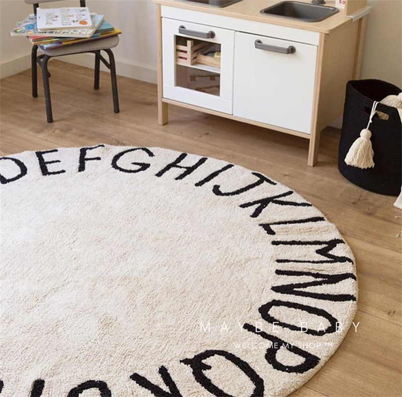 South Korea Ins Round Ground Mat Cute Cartoon Children Bedroom Round Carpet Pure Cotton Thickened Home Alphabet Bedside Blanket