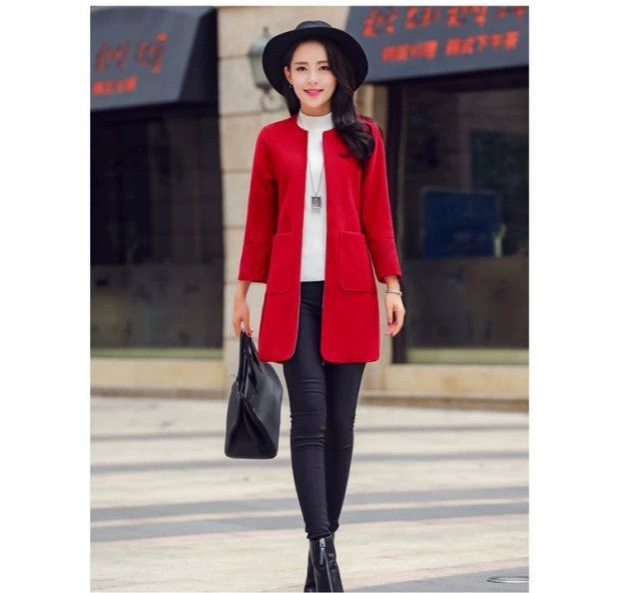 Áo khoác len mùa đông 2016 cho phụ nữ cổ tròn trench coat mùa thu và mùa đông Hàn Quốc phong cách áo len mỏng giữa dài - Áo khoác dài