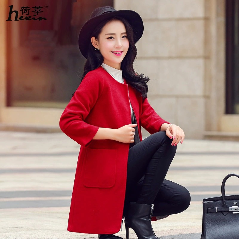 Áo khoác len mùa đông 2016 cho phụ nữ cổ tròn trench coat mùa thu và mùa đông Hàn Quốc phong cách áo len mỏng giữa dài - Áo khoác dài