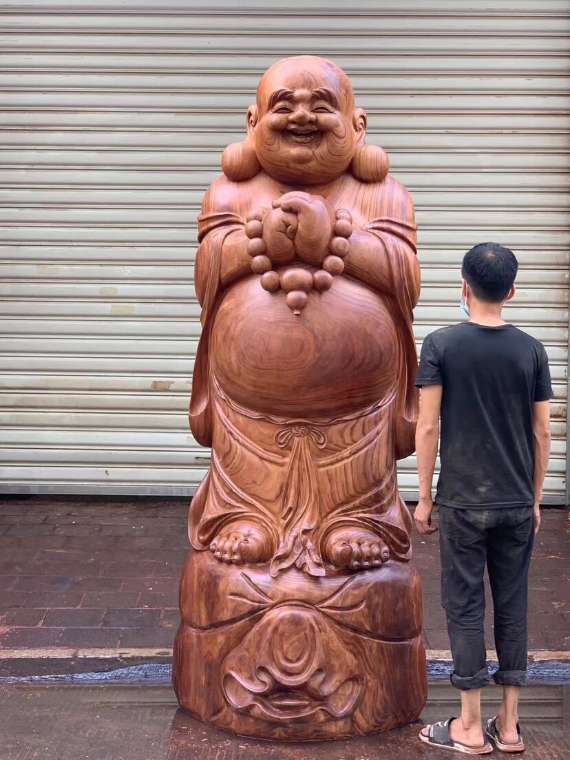 Large-scale Maitreya Buddha root carving ornaments rosewood solid wood hand-carved Gong Xi Fa Cai 2 2 meters 80 wide 70 thick