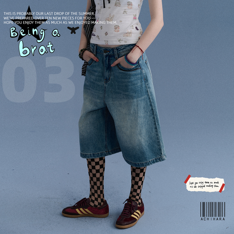 Achihara【Sea Glass】Washed Denim Mid-Length Pants for Women, American Retro Street Style, Loose Wide-Leg Cropped Pants