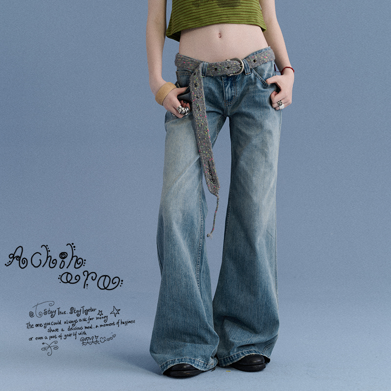 Achihara 【Beach】 Long Pants Low-Rise Washed Wide-Leg Jeans
