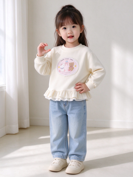 White Sweatshirt for Girls 2026 Autumn and Winter New Style Cartoon Round Neck Top for Girls, Kidsren's Fashionable and Versatile Long-Sleeved Top — 2