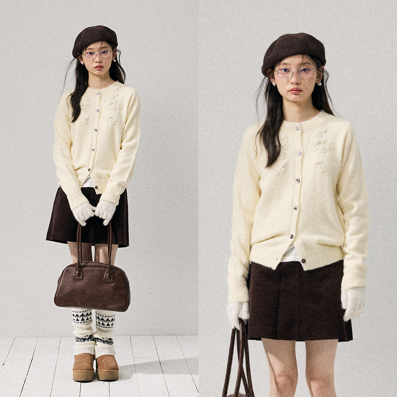 Oussez Wool Blend White-Enhancing Hand-Embroidered Sweater Cardigan Jacket for Women, Spring and Autumn Casual Knit Cardigan Top