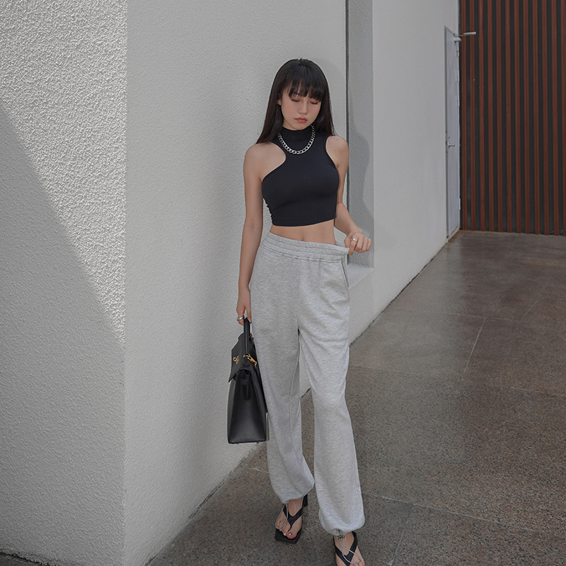 LEIYU feet sports pants women loose 2020 new gray European and American knitted pants summer high waist casual pants