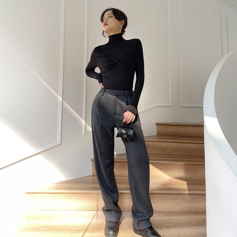 LEIYU woolen suit pants women's 2021 winter new high-waisted loose straight tube thickened textured trousers ins casual pants