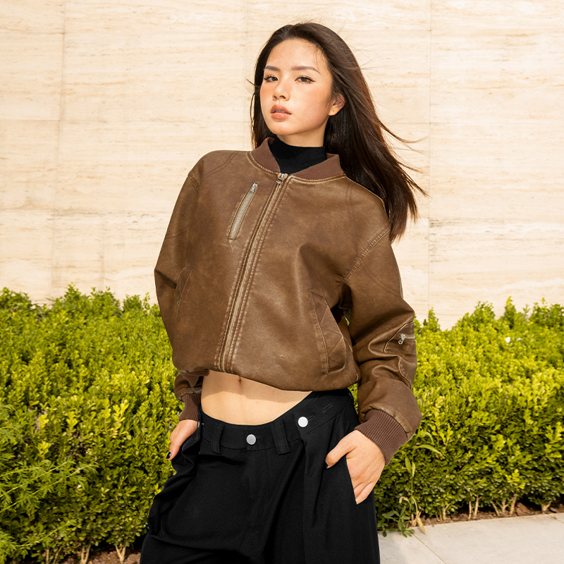 Old days hunter LEIYU retro made of old leather clothes lady Early autumn European and American Ins loose casual short jacket jacket-Taobao