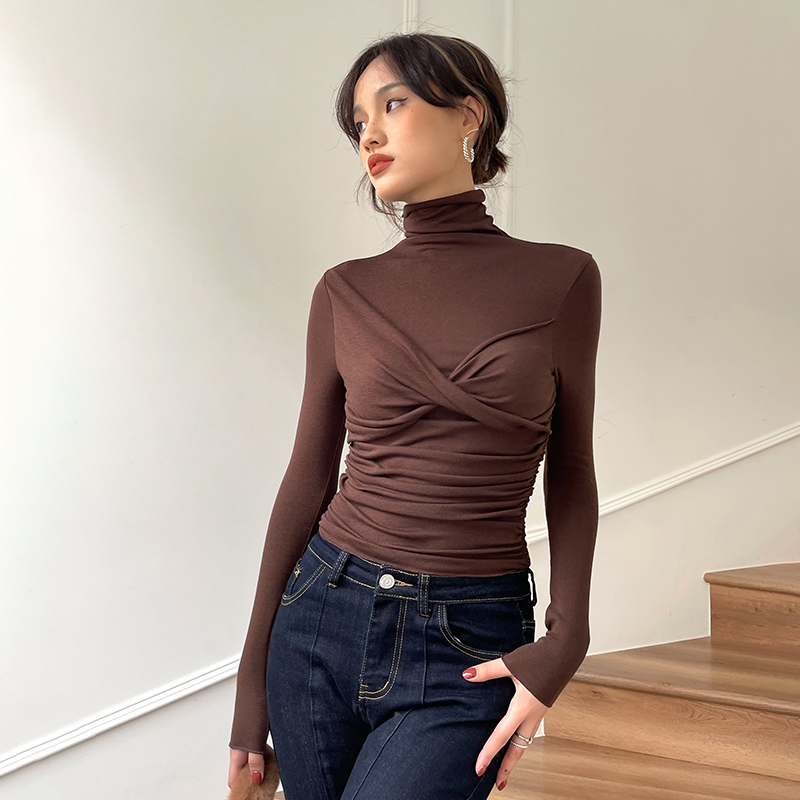 LEIYU Design Sensation High Collar Undershirt Woman Winter 2021 New Tight Fold Inside Lap Long Sleeve Blouse T-shirt