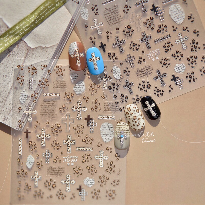 Sweet and Cool Leopard Print Cross Nail Stickers Tomoni Autumn and Winter Leopard Print Five-Pointed Star Pink and Blue Leopard Print High-End Nail Stickers