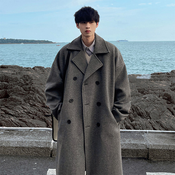 Winter woolen coat men's mid-length over-the-knee suit collar double-breasted woolen windbreaker jacket thickened ins trend