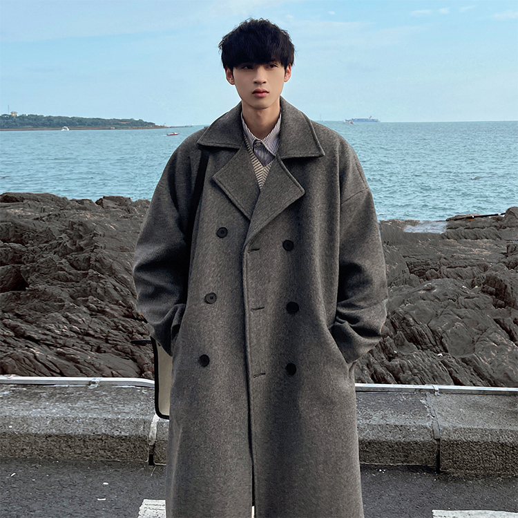 Winter Woolen Coat for Men, Mid-Length, Over-The-Knee, Suit Collar, Double-Breasted, Woolen Trench Coat, Thickened, ins Trendy