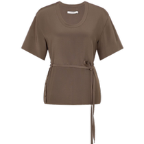 (Grade 6A mulberry silk) Masfil top summer new coffee color U-neck waist short-sleeved T-shirt for women