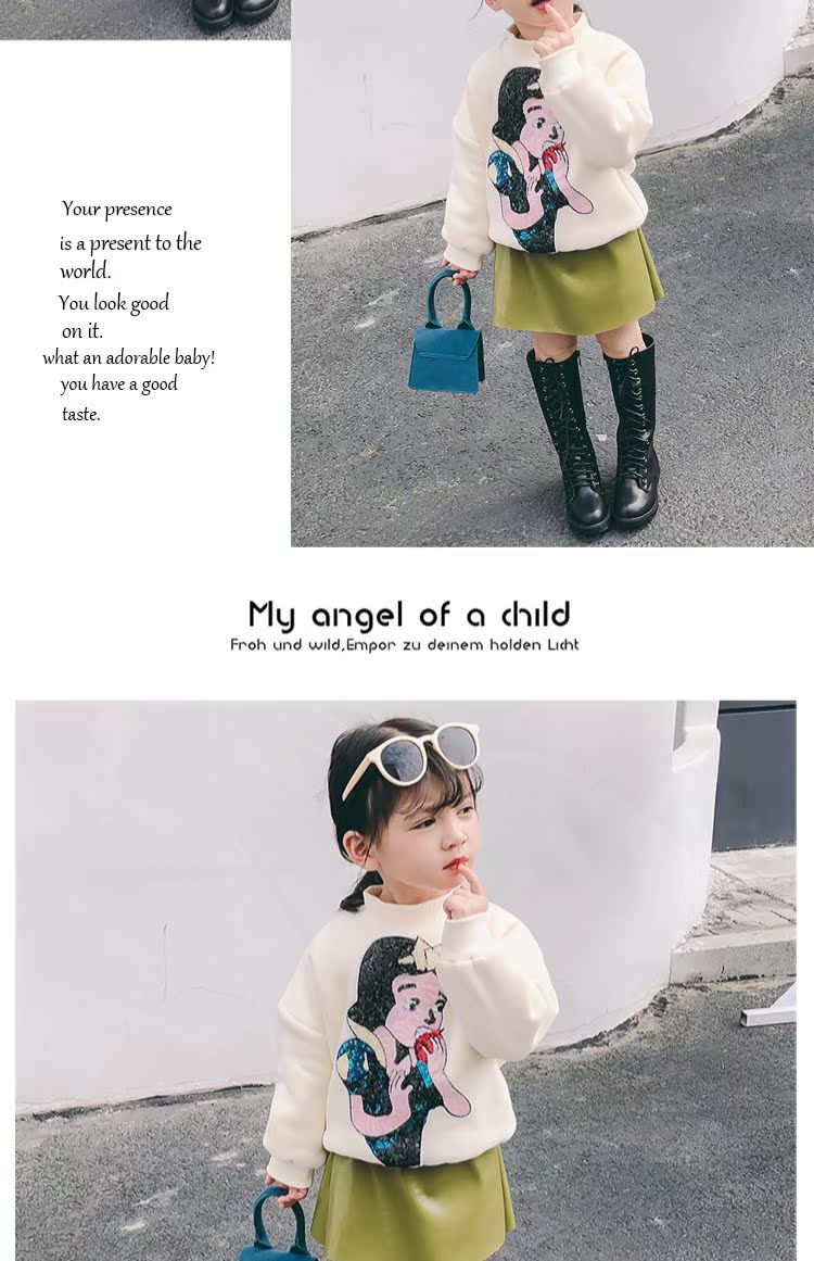Cô gái Hàn Quốc mặc 2018 mùa đông mới phù hợp với trẻ em hipster và áo len công chúa tuyết trắng nhung + váy da sáng màu quần jean bé trai