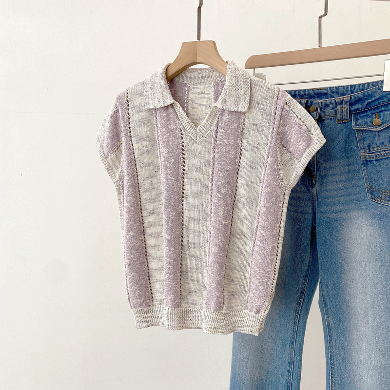 The Line D Herbalife Custom-Dyed Sequin Linen Silk Polo Collar Short-Sleeve Knit Striped Top