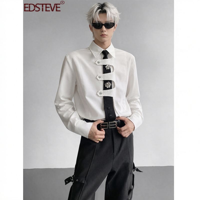 Edsteve | Autumn New Arrivals: Shoulder-Padded Shirt with Unique Design, Metal Flower Tie, Preppy Style Top, Cool and Edgy. Edsteve | Autumn New Arrivals: Shoulder-Padded Shirt with Unique Design, Metal Flower Tie, Preppy Style Top, Cool and Edgy.