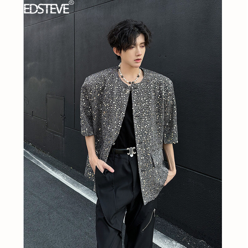 Edsteve | Summer 2026 Shoulder-Padded Short-Sleeved Shirt with Sequins, High-End, Sparkling, Nightclub, Youthful Style Top
