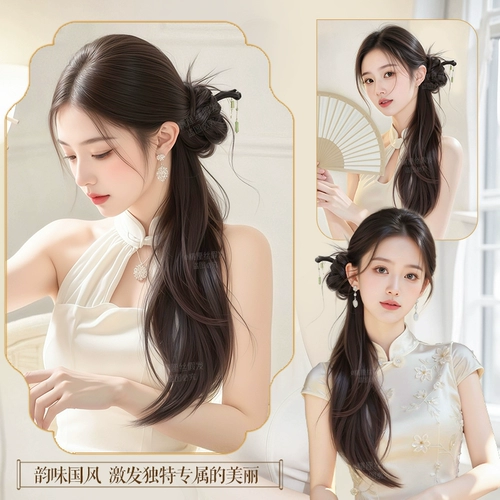Парик, хвостик изготовленный из настоящих волос, заколка-крабик, аксессуар для волос с косичкой, китайский стиль