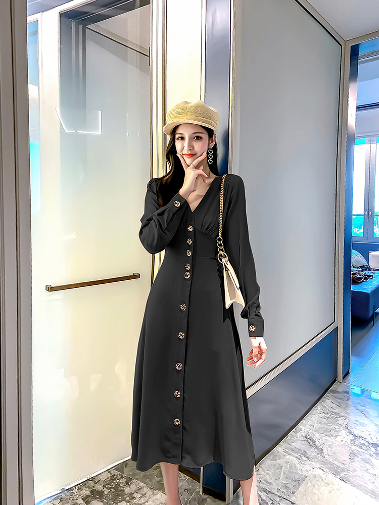 VK旗艦店 韓系時尚V領氣質單排釦長版收腰長袖洋裝