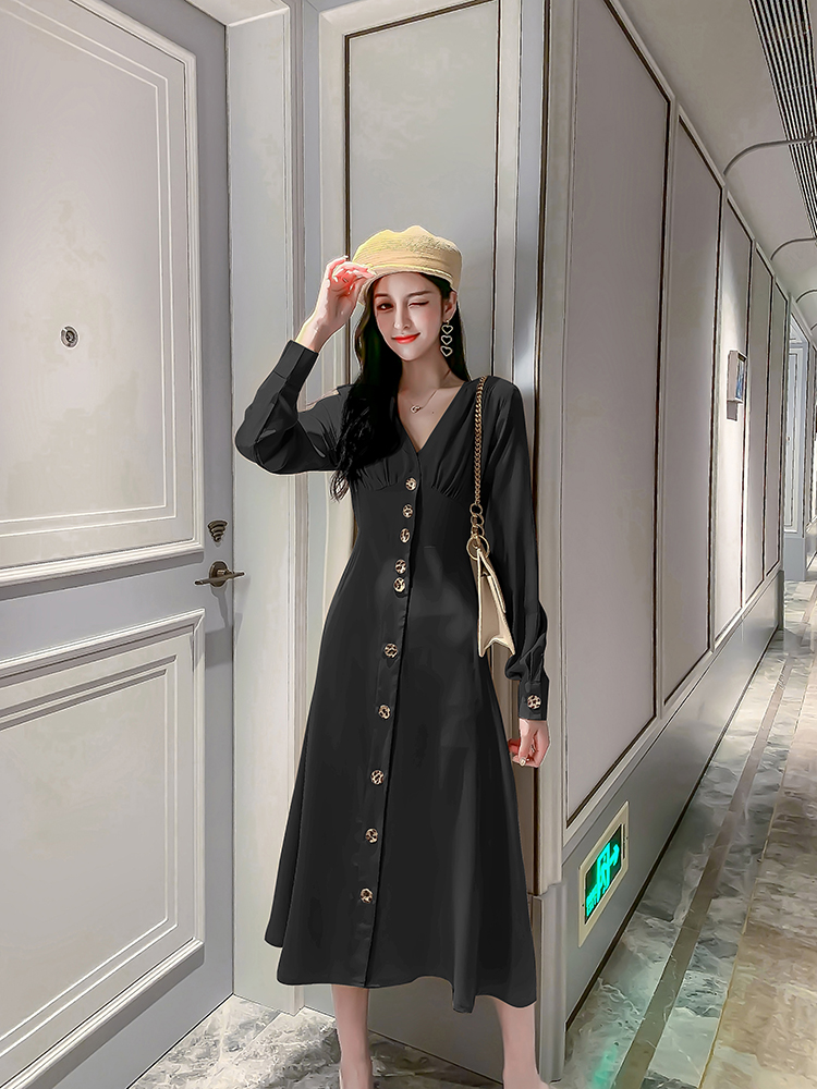 VK旗艦店 韓系時尚V領氣質單排釦長版收腰長袖洋裝