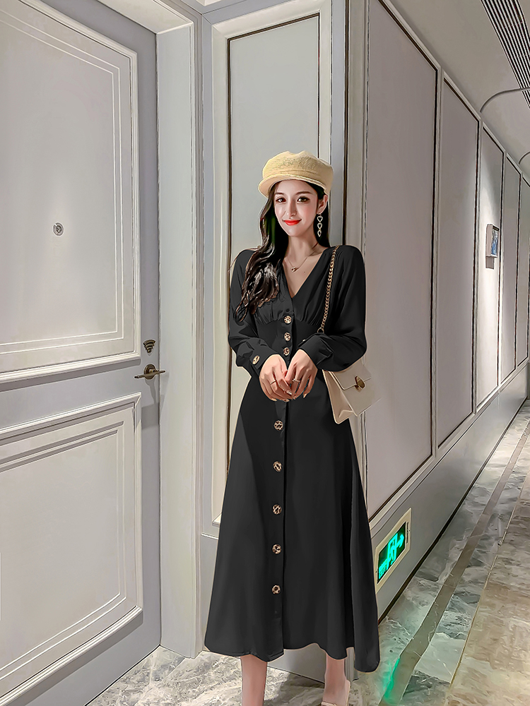 VK旗艦店 韓系時尚V領氣質單排釦長版收腰長袖洋裝