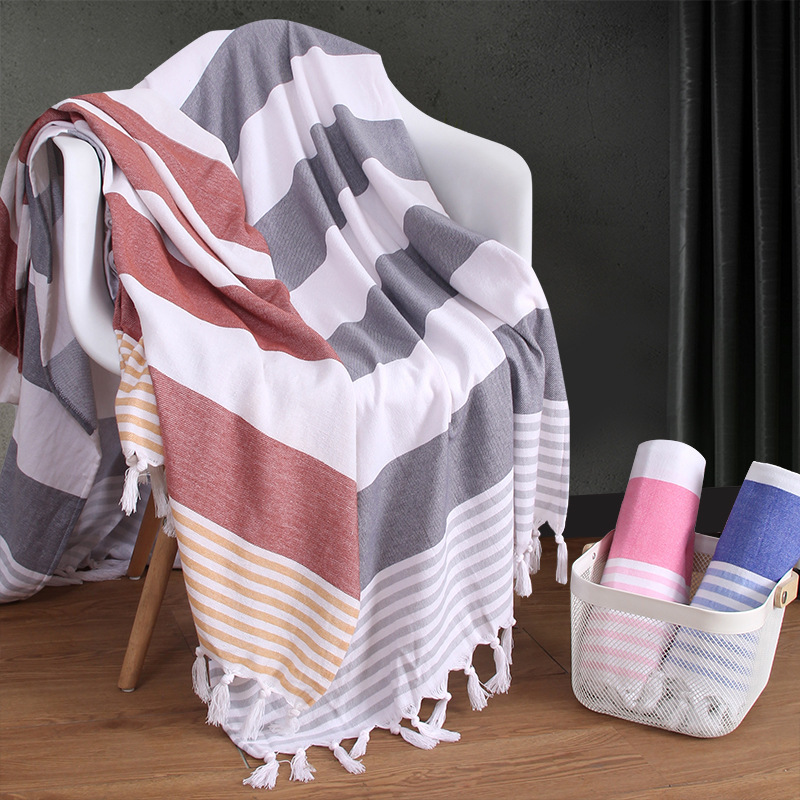 Exported to Europe and America, Pure Cotton Turkish Sand-Free Tassel Beach Towel, Adult Outdoor Shawl, Striped Sauna Large Bath Towel
