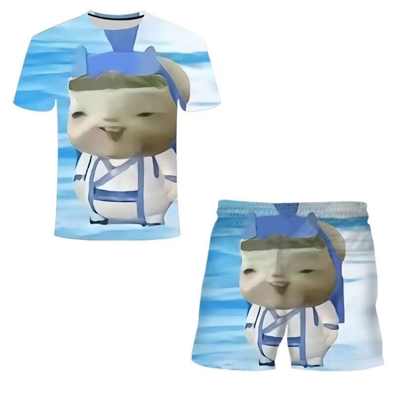 Summer Magic Pill Clothing Huba Nezha Ao Bing Emoji 3D Printed Short-Sleeve Shorts Set Abstract Parody for Men and Women
