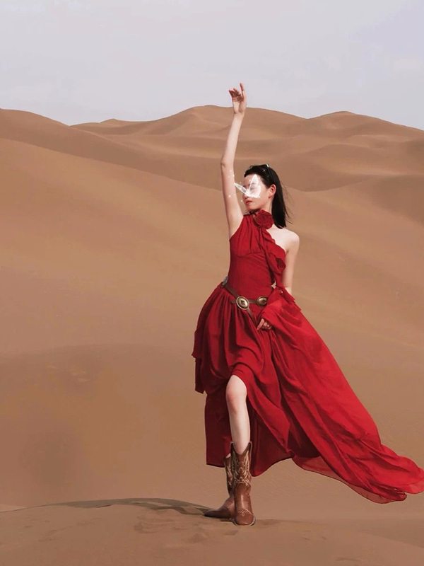 Xinjiang Dunhuang Desert Vacation Red Dress Summer Chiffon Long Dress Egypt Dubai Travel Outfit Photo Shoot Clothes Xinjiang Dunhuang Desert Vacation Red Dress Summer Chiffon Long Dress Egypt Dubai Travel Outfit Photo Shoot Clothes