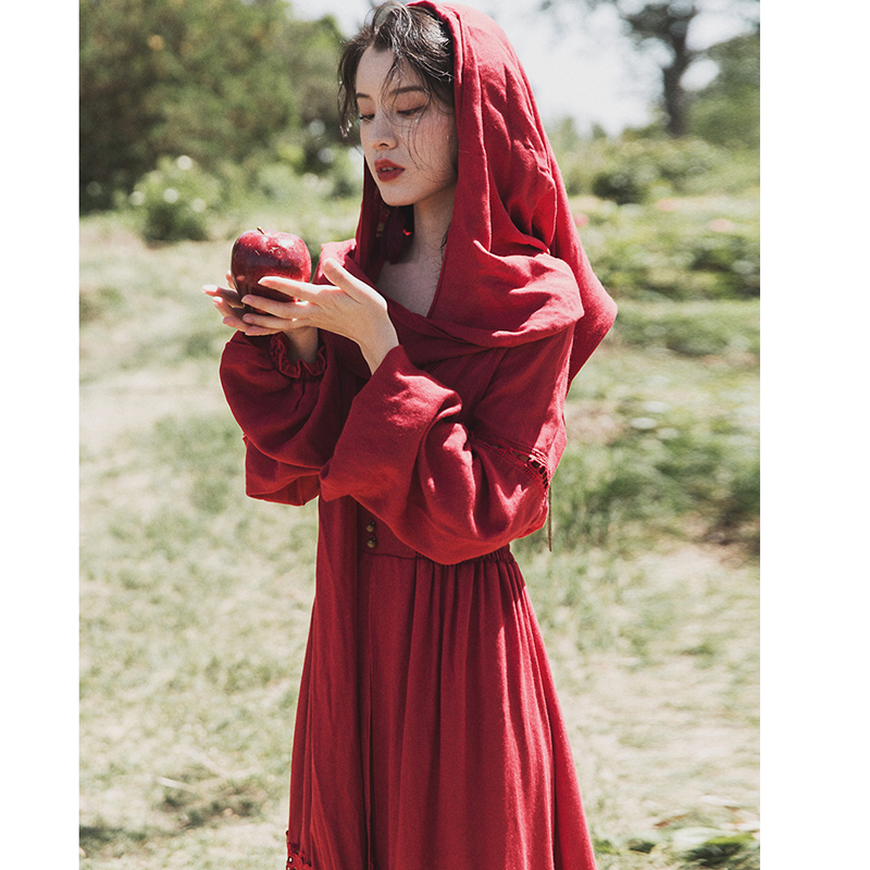 Dubai Egyptian Exotic Vacation Long Dress Ethnic Style Hooded Retro Red Dress Yunnan Travel Outfit