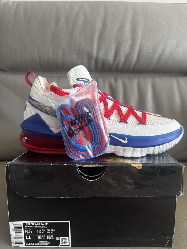 Nike Lebron 17 Practical Lace-Up Low-Top Basketball Shoes for Men and Women, White, Blue, and Red Nike Lebron 17 Practical Lace-Up Low-Top Basketball Shoes for Men and Women, White, Blue, and Red