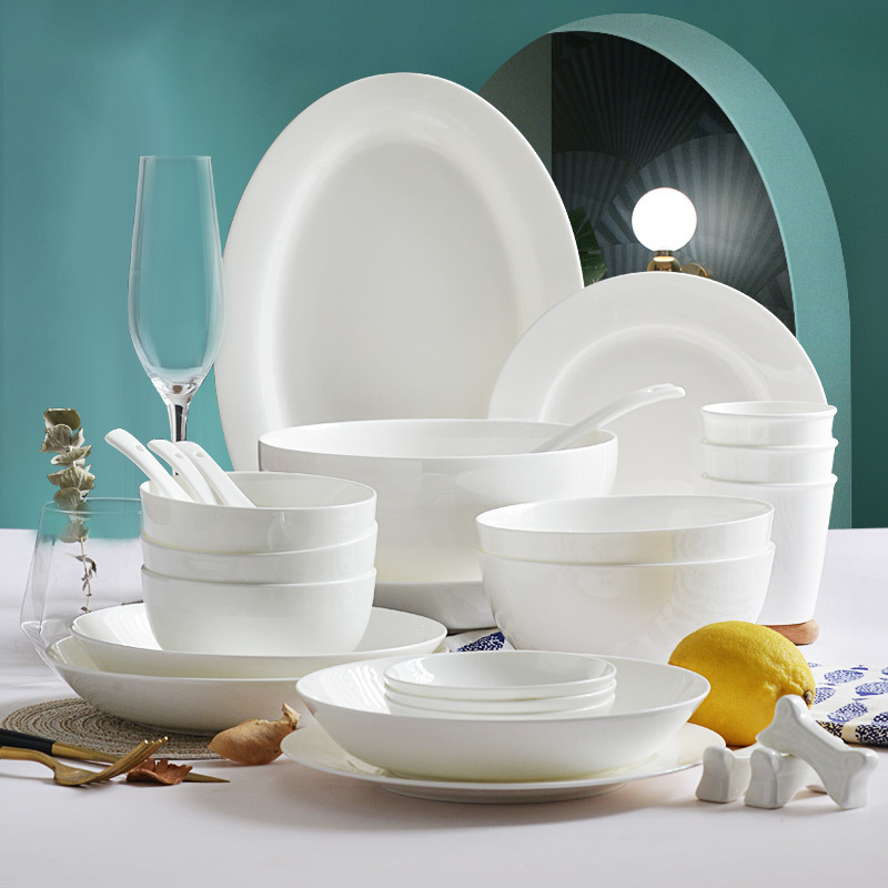 White Bone China Dinnerware Set Bowls and Plates for 4-Person Family Chinese-Style Plates and Bowls for 10-Person Household Pure White Tableware Microwave-Safe