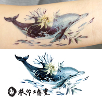 Branch Ye whale Flower Island tattoo sticker light color waterproof long-lasting Big Fish whale fall flower fish collarbone wrist tattoo