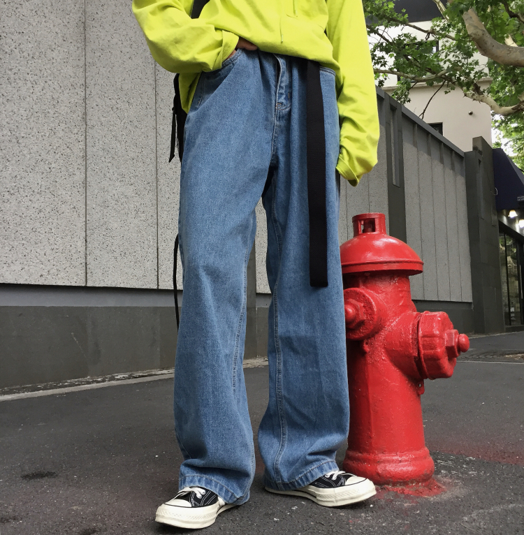 Cô gái dịu dàng Hàn Quốc ulzzang phong cách Harajuku quần lửng ống rộng cũ quần ống rộng nam và nữ quần denim quần jean cao cấp