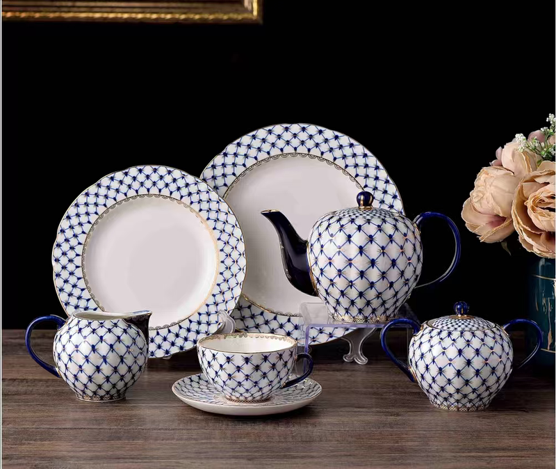 Russian Emperor Cobalt Blue Mesh Pattern European Style Coffee Cup Ceramic Cup Gift Box Set Exquisite Tea Cup High-End Light Luxury