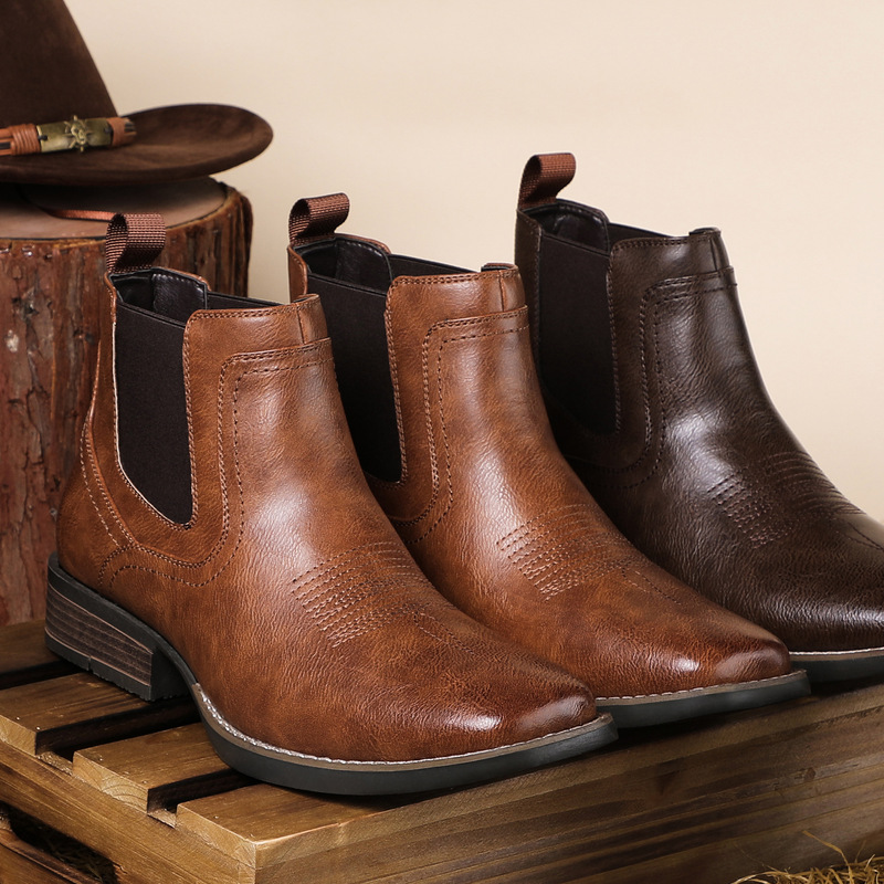 Foreign Trade Surplus Large Size Wide Toe Western Cowboy Boots Chelsea Boots Spring and Autumn Men's Leather Boots
