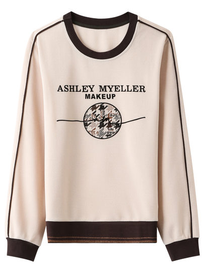 恒源祥杏色重磅卫衣女小个子秋季小众印花撞色圆领套头长袖T恤衫