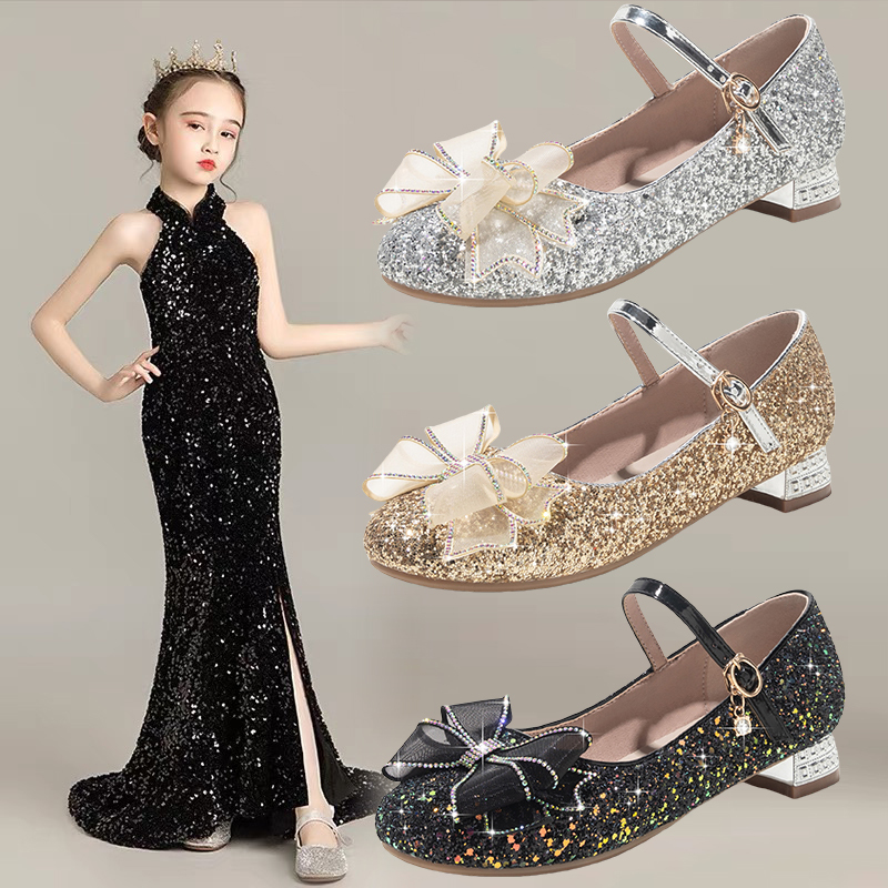Girls' Princess Shoes, Crystal Shoes, Girls' High Heels, Spring & Fall Flats, Little Girls' Piano Catwalk Shoes with Dress Shoes