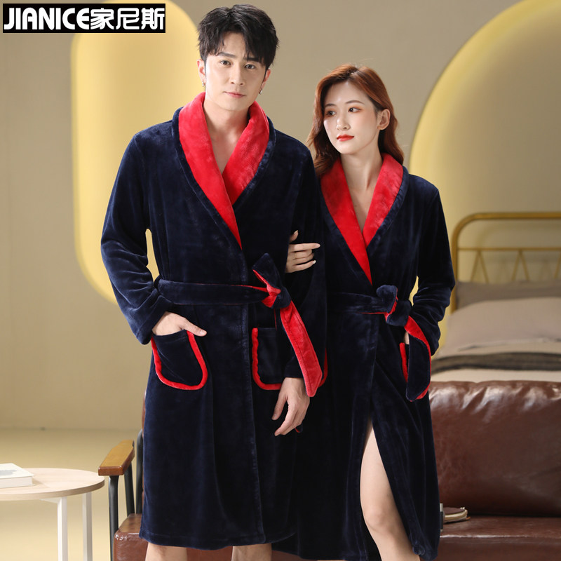 Pajamas women autumn and winter long section coral fleece plus velvet thick couple bathrobe flannel men's pajamas winter home service
