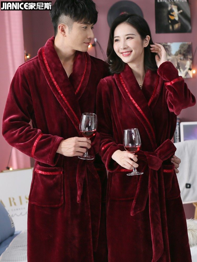 Flannel nightgown women's winter coral fleece bathrobe men's couple bathrobe thickened long wine red pajamas women autumn and winter